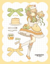 Rule 34 | 1girl, 3tokitamago, blush, border, bow, bowtie, braid, brown hair, candy, closed mouth, commission, food, food-themed hat, foot up, fork, full body, green bow, green bowtie, green eyes, grid background, hair over shoulder, hat, highres, holding, holding staff, jar, kneehighs, knees together feet apart, knife, long sleeves, looking at viewer, low twin braids, original, pancake, pinstripe bow, pinstripe pattern, pinstripe shirt, plate, pleated skirt, shirt, shoes, sidelocks, skirt, socks, solo, staff, thank you, twin braids, white skirt, white socks, yellow border, yellow bow, yellow footwear, yellow shirt