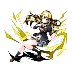 Rule 34 | 10s, 1girl, alpha transparency, black jacket, black legwear, blonde hair, brown footwear, divine gate, floating hair, full body, green eyes, jacket, long hair, miniskirt, miura yumiko, neck ribbon, official art, open clothes, open jacket, outstretched arm, pleated skirt, red ribbon, ribbon, school uniform, shadow, shirt, shoes, skirt, smile, solo, transparent background, ucmm, white shirt, yahari ore no seishun lovecome wa machigatteiru.