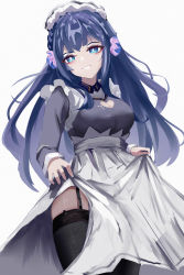 Rule 34 | 1girl, absurdres, alternate costume, arknights, astesia (arknights), black thighhighs, blue eyes, blue hair, braid, bright pupils, clothes lift, cowboy shot, diamond-shaped pupils, diamond (shape), dress, dress lift, garter straps, highres, lifting own clothes, long hair, looking at viewer, smile, solo, symbol-shaped pupils, tangcu, thighhighs, white dress, white pupils