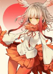 Rule 34 | 10s, 1girl, bird tail, blunt bangs, buttons, collar, commentary, cowboy shot, drawstring, dutch angle, expressionless, fluffy collar, frilled sleeves, frills, gradient background, gradient hair, head wings, japanese crested ibis (kemono friends), jitome, kemono friends, long sleeves, looking away, multicolored hair, oshio (dayo), pantyhose, pleated skirt, red pantyhose, short hair, short hair with long locks, sidelocks, skirt, sleeves past wrists, solo, tail, thigh gap, two-tone hair, white hair, wide sleeves, wings, yellow eyes