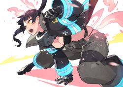 Rule 34 | 1girl, arm support, baggy pants, bikini, black bikini, black coat, black footwear, black gloves, black hair, boots, breasts, coat, commentary, en&#039;en no shouboutai, fighting stance, fire, floating hair, foreshortening, gloves, grey pants, hip vent, kin niku, long hair, long sleeves, looking to the side, neon trim, open clothes, open coat, open mouth, orange eyes, pants, skindentation, solo, spread legs, squatting, swimsuit, tamaki kotatsu, twintails