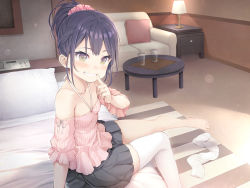 Rule 34 | 1girl, black hair, black skirt, blush, breasts, commentary request, couch, detached sleeves, finger to mouth, frills, glass, green eyes, grin, lamp, unworn legwear, looking at viewer, namaru (summer dandy), official art, on bed, original, pillow, pleated skirt, scrunchie, single thighhigh, sitting, skirt, small breasts, smile, solo, table, thighhigh removed, thighhighs, white thighhighs