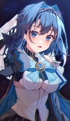 Rule 34 | 1girl, arms up, black gloves, blue bow, blue bowtie, blue eyes, blue hair, blush, bow, bow earrings, bowtie, breasts, brooch, chain, chain headband, cleavage cutout, clothing cutout, detached sleeves, earrings, gloves, hair intakes, head chain, highres, hololive, hololive english, jewelry, large breasts, open mouth, ouro kronii, ouro kronii (1st costume), shirt, skirt, solo, striped clothes, striped shirt, striped skirt, vertical-striped clothes, vertical-striped shirt, vertical-striped skirt, virtual youtuber, white shirt, wooni (wooni 0818), zipper