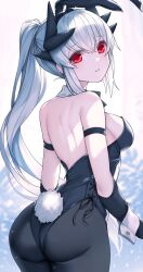 Rule 34 | 1girl, alternate costume, animal ears, ass, backless leotard, bare shoulders, black gloves, black hairband, black leotard, black pantyhose, blush, dragon girl, dragon horns, elbow gloves, fake animal ears, fake tail, fate/grand order, fate (series), from behind, gloves, hairband, highres, horns, kiyohime (fate), leotard, long hair, looking at viewer, looking back, morizono shiki, pantyhose, playboy bunny, ponytail, rabbit ears, rabbit tail, red eyes, smile, solo, tail, white hair