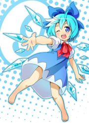 Rule 34 | 1girl, :d, ;d, barefoot, beckoning, blue eyes, blue hair, blush, circled 9, cirno, embodiment of scarlet devil, foreshortening, jpeg artifacts, matching hair/eyes, one eye closed, open mouth, outstretched hand, sankuro (agoitei), smile, solo, touhou, wings, wink