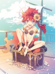 Rule 34 | 10s, 1girl, barefoot, bike shorts, bikini, blue eyes, copyright name, gold, jonejung, looking at viewer, luck &amp; logic, navel, official art, red hair, short hair, sitting, solo, spread legs, swimsuit, treasure chest