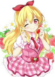 Rule 34 | 1girl, aikatsu!, aikatsu! (series), blonde hair, blush, bow, closed mouth, collared shirt, commentary request, food, frilled skirt, frills, fruit, hair between eyes, hair bow, hairband, highres, holding, holding food, holding fruit, hoshimiya ichigo, kawahara natsuki, long hair, looking at viewer, necktie, one eye closed, pink skirt, pink vest, puffy short sleeves, puffy sleeves, red eyes, red necktie, shirt, short sleeves, skirt, smile, solo, strawberry, vest, white shirt, wrist cuffs