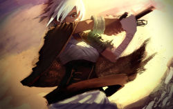 Rule 34 | 1girl, armor, bandages, cloak, facepaint, folded ponytail, gloves, league of legends, looking at viewer, red eyes, riven (league of legends), short hair, solo, white hair