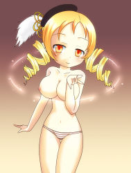 Rule 34 | 10s, 1girl, blonde hair, blush, breasts, drill hair, female focus, gradient background, ichi isumi, large breasts, mahou shoujo madoka magica, nipples, panties, panties only, smile, solo, striped clothes, striped panties, tomoe mami, topless, twin drills, underwear