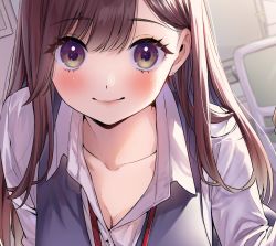 Rule 34 | 1girl, blurry, blurry background, blush, breasts, brown eyes, brown hair, cleavage, close-up, closed mouth, collared shirt, depth of field, earrings, geshumaro, grey vest, hand up, highres, jewelry, lanyard, long hair, long sleeves, looking at viewer, original, sanpaku, shirt, smile, solo, stud earrings, upper body, vest, white shirt, wing collar
