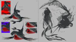 Rule 34 | absurdres, animal focus, blood, brain, grey background, headless, headless ichthys, highres, korean text, limbus company, monster, multiple views, nervous system, no humans, official art, project moon, shark, simple background, translation request