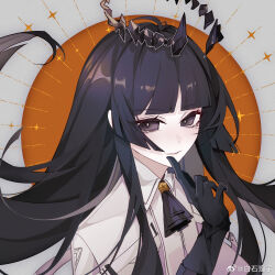 Rule 34 | 1girl, antenna hair, arknights, artist name, ascot, belt, belt buckle, black ascot, black eyes, black gloves, black hair, black halo, black outline, blunt bangs, border, broken halo, buckle, chinese commentary, circle, close-up, closed mouth, collared jacket, commentary request, dark halo, eyelashes, floating hair, gloves, halo, hand to own mouth, hand up, highres, hime cut, jacket, light smile, lips, long hair, looking at viewer, mole, mole under eye, orange background, outline, outside border, pale skin, portrait, shade, sidelocks, solo, star (symbol), virtuosa (arknights), weibo 5994951237, weibo logo, weibo watermark, white belt, white border, white jacket, white outline
