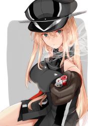 Rule 34 | 1girl, bismarck (kancolle), blonde hair, blue eyes, brown gloves, cigarette, commentary request, cross, detached sleeves, gloves, grey background, grey hat, hat, highres, iron cross, kantai collection, lighter, long hair, looking at viewer, military, military hat, military uniform, okayu (papiko1111), peaked cap, pov, smoke, smoking, solo, two-tone background, uniform, white background