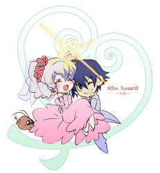 1boy 1girl abitu boota_(ttgl) bridal_veil carrying chibi chibi_only closed_eyes couple dress earrings flower full_body hair_between_eyes hair_flower hair_ornament husband_and_wife jewelry nia_teppelin one_eye_closed open_mouth pink_dress princess_carry red_flower simon_(ttgl) tengen_toppa_gurren_lagann veil wedding_dress