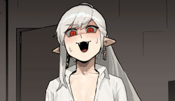 Rule 34 | 1girl, :3, :d, blush, character request, collarbone, collared shirt, commentary, copyright request, earrings, fangs, gogalking, grey hair, hair between eyes, highres, jewelry, long hair, looking at viewer, open clothes, open mouth, pale skin, pointy ears, ponytail, red eyes, shaded face, shirt, smile, solo, vampire (gogalking), wet, white shirt