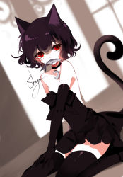 Rule 34 | 1girl, absurdres, animal ears, artist name, bare shoulders, black bow, black choker, black dress, black gloves, black hair, black thighhighs, bow, breasts, cat ears, cat tail, choker, crescent, crescent choker, dress, dutch angle, elbow gloves, eyelashes, feet out of frame, fish, gloves, hair between eyes, highres, mouth hold, original, red eyes, seiza, sheya, short hair, signature, sitting, small breasts, solo, strapless, strapless dress, tail, thighhighs, thighs, zettai ryouiki