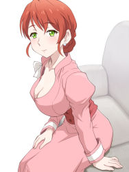 Rule 34 | 1girl, breasts, cleavage, closed mouth, collarbone, commentary request, dress, earrings, elise jamil, green eyes, jewelry, kami-tachi ni hirowareta otoko, large breasts, long sleeves, mature female, meow (nekodenki), pink dress, puffy long sleeves, puffy sleeves, red hair, short hair, simple background, sitting, smile, solo, white background