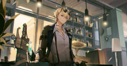 Rule 34 | 1boy, alcohol, animal ears, arknights, belt, black gloves, black jacket, blonde hair, blouse, blue eyes, bottle, closed mouth, cup, dartboard, dog boy, dog ears, dog tags, drinking straw, ear piercing, eyewear on head, gloves, hair between eyes, hanging light, highres, holding, holding cup, indoors, jacket, jewelry, lamp, long sleeves, looking at viewer, male focus, nagito, necklace, phonograph, piercing, plant, shirt, solo, sparkle, sunglasses, suspenders, tequila (arknights), tropical drink, upper body, white shirt