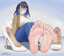 Rule 34 | 1girl, alternate costume, barefoot, blue background, blue eyes, blue hair, blue pants, breasts, brown jacket, colored inner hair, commentary, denim, english commentary, eyelashes, feet, foot focus, foreshortening, glasses, gradient background, grey background, hair intakes, hairband, highres, hololive, hololive english, jacket, jeans, large breasts, legs, looking to the side, medium hair, multicolored hair, nail polish, ouro kronii, ouro kronii (casual), pants, round eyewear, shirt, shoes, unworn shoes, sidelocks, signature, sitting, smell, soles, solo, starpermafrost, thighs, toe scrunch, toenail polish, toenails, toes, virtual youtuber, white footwear, white shirt