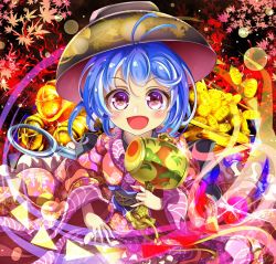 Rule 34 | 1girl, :d, ahoge, blue hair, blush, bowl, bowl hat, chibi, coin, commentary, english commentary, glint, gold, hat, highres, holding, holding mallet, japanese clothes, kana (user rkuc4823), kimono, koban (gold), leaf, light trail, long sleeves, looking at viewer, mallet, maple leaf, miracle mallet, mixed-language commentary, needle, obi, open mouth, pectorals, purple eyes, sash, short hair, smile, solo, sukuna shinmyoumaru, touhou