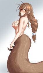 Rule 34 | 1girl, absurdres, braid, brown hair, covering breasts, covering privates, highres, lesailes., long hair, monster girl, nude, red eyes, slug girl, smile, solo