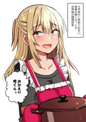 Rule 34 | 1girl, :d, apron, black sweater, blonde hair, blush, brown eyes, collarbone, commentary request, cooking pot, frilled apron, frills, hair between eyes, highres, holding, kurata rine, long hair, looking at viewer, open mouth, original, oven mitts, ponytail, purple apron, ribbed sweater, simple background, smile, solo, sweater, translation request, upper body, white background, wide-eyed
