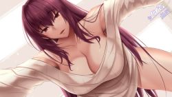 Rule 34 | 1girl, akitsuki karasu, breasts, cleavage, fate (series), hair between eyes, large breasts, long hair, long sleeves, looking at viewer, open mouth, pov, purple hair, scathach (fate), solo, sweater, thick thighs, thighs