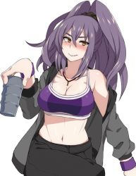 Rule 34 | 1girl, blush, breasts, cleavage, drink, female focus, glass, hair ribbon, ichinose shiori, jacket, jewelry, kupala, large breasts, lipstick, long hair, looking at viewer, makeup, midriff, navel, necklace, ponytail, purple hair, purple lips, ribbon, ring dream, smile, solo, sports bra, white background, wristband, yellow eyes