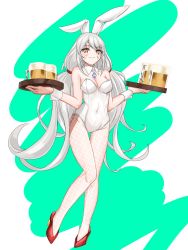 Rule 34 | 1girl, aged up, alcohol, alternate costume, animal ears, anklet, beer, blush, breasts, cleavage, covered navel, cup, facial mark, fake animal ears, gem, gloves, green background, highres, holding, holding cup, jewelry, large breasts, leotard, long hair, looking at viewer, medium breasts, mug, navel, nia (blade) (xenoblade), nia (xenoblade), orange eyes, playboy bunny, rabbit ears, silver hair, simple background, solo, tattoo, thighhighs, thighs, twintails, very long hair, water, weapon, white-paka, white background, xenoblade chronicles (series), xenoblade chronicles 2