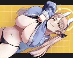 Rule 34 | 1girl, :q, bikini, bikini bottom only, black bikini, black bikini bottom, blue archive, blue hoodie, blush, breasts, cropped hoodie, dutch angle, halo, highres, hood, hood down, hoodie, huge breasts, licking lips, long hair, looking at viewer, mikichika, moe (blue archive), moe (swimsuit) (blue archive), naughty face, navel, official alternate costume, side-tie bikini bottom, smile, solo, stomach, swimsuit, tongue, tongue out, underboob, yellow eyes, yellow halo