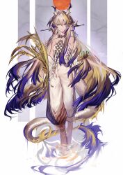 Rule 34 | 1girl, absurdres, aqua eyes, arknights, artist name, bare shoulders, barefoot, belt, blonde hair, chinese commentary, closed mouth, commentary request, dated, dragon girl, dragon horns, dragon tail, earrings, floating hair, full body, grey hair, hair between eyes, hair intakes, highres, holding, holding plant, horns, jacket, jewelry, leuan (takeyourhards), light smile, long hair, long sleeves, looking at viewer, multicolored hair, necklace, off shoulder, open clothes, open jacket, pants, plant, pointy ears, purple hair, sheaf, shu (arknights), solo, standing, strapless, tail, tube top, very long hair, wheat, white belt, white jacket, white pants, white tube top