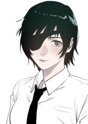 Rule 34 | 1girl, black hair, black necktie, chainsaw man, collared shirt, eyepatch, himeno (chainsaw man), ikanyoikanikan, light smile, looking at viewer, necktie, shirt, short hair, simple background, solo, white background, white shirt