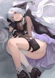 Rule 34 | 1girl, absurdres, aug para (girls&#039; frontline), black cape, black footwear, black ribbon, bodystocking, breasts, cape, commentary, dress, girls&#039; frontline, hair ribbon, high heels, highres, long hair, looking at viewer, lying, medium breasts, on side, open mouth, orange eyes, panties, pouch, ribbon, rui (rei leyi), single thighhigh, solo, thigh pouch, thighhighs, twintails, underwear, very long hair, white hair, white panties, white thighhighs, wrist cuffs