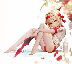 Rule 34 | 1girl, :o, aestus estus, ahoge, artist name, barefoot, between legs, blonde hair, blush, bottle, braid, buruma, day, fate/grand order, fate (series), feet, french braid, full body, gio (maroon0924), green eyes, gym uniform, hair intakes, hand between legs, headband, holding, holding sword, holding weapon, knees up, legs, looking at viewer, nero claudius (fate), nero claudius (fate) (all), nero claudius (fate/extra), nero claudius (olympian bloomers) (fate), official alternate costume, parted lips, petals, plantar flexion, rose petals, shirt, short hair, short sleeves, sidelocks, simple background, sitting, solo, sword, thighs, toes, water bottle, weapon, white background, white shirt
