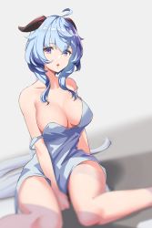 Rule 34 | 1girl, :o, absurdres, ahoge, alternate costume, bare shoulders, between legs, blue hair, blush, breasts, camisole, cleavage, collarbone, curled horns, dress, ganyu (genshin impact), genshin impact, hand between legs, highres, horns, large breasts, long hair, looking at viewer, open mouth, purple eyes, reulem, sidelocks, sitting, solo, strap slip, thighs, very long hair, wariza, white background, white dress