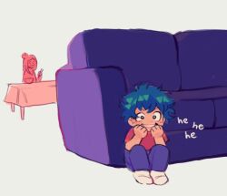 Rule 34 | 1boy, 1girl, aged down, boku no hero academia, child, comic, commentary, couch, english commentary, fenkko, full body, green hair, laughing, male focus, midoriya inko, midoriya izuku, mother and son, open mouth, pants, shirt, short hair, short sleeves, simple background, sitting, smile, socks, table, white background, white socks