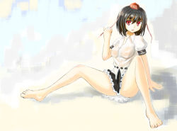Rule 34 | 1girl, barefoot, expressionless, feet, female focus, hat, hokamichi, looking at viewer, open mouth, see-through, shameimaru aya, sitting, solo, spread legs, taji (crowview), tamichi, touhou