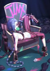 Rule 34 | 1girl, arcane: league of legends, arcane jinx, asymmetrical bangs, belt, blue hair, blue nails, braid, breasts, blowing bubbles, chair, chewing gum, crop top, cupcake, deadnooodles, fingerless gloves, food, gatling gun, gloves, graffiti, gun, hair over one eye, handgun, highres, holding, holding gun, holding weapon, jinx (league of legends), knee up, league of legends, long hair, looking at viewer, lying, midriff, multicolored nails, nail polish, navel, on back, on chair, paint, pants, pink nails, pistol, red eyes, small breasts, solo, striped legwear, twin braids, very long hair, weapon