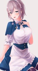 Rule 34 | 1girl, :d, absurdres, apron, aqua eyes, bad id, bad pixiv id, black thighhighs, blue dress, blush, braid, breasts, capelet, dress, grey background, grey hair, hand on own chest, highres, izayoi sakuya, large breasts, looking at viewer, maid headdress, open mouth, short hair, simple background, sitting, smile, solo, tabeyo (jdgp4525), thighhighs, touhou, twin braids, ||/