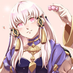 Rule 34 | 1girl, candy, closed mouth, fire emblem, fire emblem: three houses, food, hair ornament, holding, long hair, long sleeves, lowres, lysithea von ordelia, nintendo, pink background, pink eyes, simple background, solo, tomi (sooon103), upper body, white hair