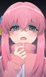 Rule 34 | 1girl, absurdres, blue eyes, bocchi the rock!, cube hair ornament, embarrassed, gotoh hitori, hair between eyes, hair ornament, highres, long hair, looking at viewer, open mouth, pink hair, pink track suit, solo, sweat, toramin (tora min )