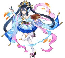 Rule 34 | 1girl, :d, ark order, black hair, blue eyes, blue skirt, blunt bangs, breasts, bubble, bubble print, bubble skirt, fang, fins, fish, frilled skirt, frills, gem, gold, goldfish, hagoromo, hair tubes, hatoyama itsuru, head fins, holding, holding test tube, japanese clothes, jellyfish print, kimono, lace-trimmed sash, long hair, long sleeves, multicolored clothes, multicolored kimono, obi, official art, okobo, open mouth, otohime (ark order), pearl (gemstone), platform clogs, purple sash, red footwear, sandals, sash, shawl, sidelocks, skirt, smile, solo, tabi, tachi-e, test tube, thighhighs, transparent background, twintails, very long hair, wave print, white kimono, wide sleeves
