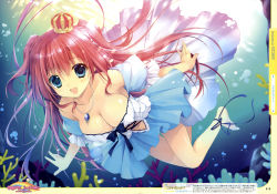 Rule 34 | 1girl, :d, absurdres, ankle ribbon, bare shoulders, barefoot, blue eyes, blush, breasts, bubble, chikotam, cleavage, collarbone, copyright request, coral, crown, dress, highres, jewelry, large breasts, leg ribbon, long hair, looking at viewer, necklace, open mouth, ribbon, scan, smile, solo, swimming, translation request, underwater