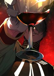 1boy alcohol challia_bull choco_(chocovix112) covered_eyes cup drinking_glass facial_hair foreshortening gloves green_jacket grey_hair grin gundam gundam_gquuuuuux hair_over_one_eye highres holding holding_cup jacket long_sleeves male_focus military_jacket military_uniform mustache red_wine short_hair smile solo white_gloves wine wine_glass zeon