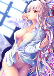 Rule 34 | 1girl, blunt bangs, blurry, blurry background, blush, bottomless, bow, breasts, center opening, collarbone, commentary request, cowboy shot, curtains, depth of field, dress shirt, finger to mouth, flow, from side, fujiwara no mokou, groin, hair bow, half updo, hijikawa arashi, long hair, long sleeves, looking at viewer, looking to the side, low-tied long hair, medium breasts, naked shirt, navel, no bra, no panties, no pussy, open clothes, open shirt, parted lips, petals, red eyes, shirt, silver hair, solo, stomach, thighs, touhou, very long hair, white bow, white shirt, wind, window