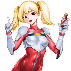 Rule 34 | 1girl, blonde hair, bodysuit, breasts, covered collarbone, gloves, hands up, highres, medium breasts, medium hair, minamoto80486, open mouth, red bodysuit, red eyes, rent-a-hero, rent a hiroko, simple background, solo, teeth, tight clothes, twintails, white background, white gloves