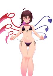 Rule 34 | 1girl, ahoge, alternate costume, asymmetrical wings, bikini, black bikini, black hair, blue wings, blush, breasts, closed mouth, colored inner hair, commentary, commission, english commentary, feet out of frame, front-tie bikini top, front-tie top, hair between eyes, highres, houjuu nue, knees together feet apart, long hair, looking at viewer, multicolored hair, navel, purple hair, recare, red eyes, red wings, second-party source, side-tie bikini bottom, simple background, small breasts, smile, solo, string pull, swimsuit, touhou, white background, wings
