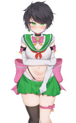Rule 34 | 1girl, 5danny1206, absurdres, black choker, black hair, black thighhighs, bow, bowtie, breasts, check copyright, choker, cleavage, cleavage cutout, closed mouth, clothing cutout, copyright request, crop top, earrings, elbow gloves, embarrassed, gloves, green eyes, green skirt, highleg, highres, jewelry, looking at viewer, medium breasts, midriff, miniskirt, navel, neckerchief, original, pink bow, pleated skirt, pubic tattoo, sailor collar, school uniform, serafuku, shirt, short hair, short sleeves, simple background, single thighhigh, skirt, solo, standing, stomach, tattoo, tears, thigh strap, thighhighs, thighs, tomboy, white background, white gloves, white shirt, zettai ryouiki