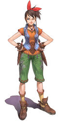 Rule 34 | 1girl, ;), arm belt, blue eyes, blue vest, bow, breasts, brown footwear, brown hair, dagger, full body, grandia, grandia iii, hair bow, hair ribbon, hands on own hips, holster, jewelry, knife, looking at viewer, mature female, miranda (grandia iii), neck ring, official art, one eye closed, open clothes, open vest, orange shirt, ponytail, red bow, ribbon, sheath, sheathed, shirt, shoes, short hair, shorts, simple background, smile, socks, solo, standing, vest, weapon, white background, yellow socks