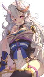 Rule 34 | 1girl, absurdres, bare shoulders, black thighhighs, blue bow, bow, breasts, commission, darjeeling (reley), eyebrows hidden by hair, fang, fingernails, grey hair, hair between eyes, highres, horns, japanese clothes, kimono, long fingernails, long hair, looking at viewer, medium breasts, mole, mole under mouth, nail polish, nijisanji, obi, off shoulder, oni, parted lips, purple eyes, purple nails, rindou mikoto, sash, sharp fingernails, short eyebrows, simple background, sitting, skeb commission, skin-covered horns, smile, solo, thick eyebrows, thighhighs, very long hair, virtual youtuber, white background, white kimono, wide sleeves